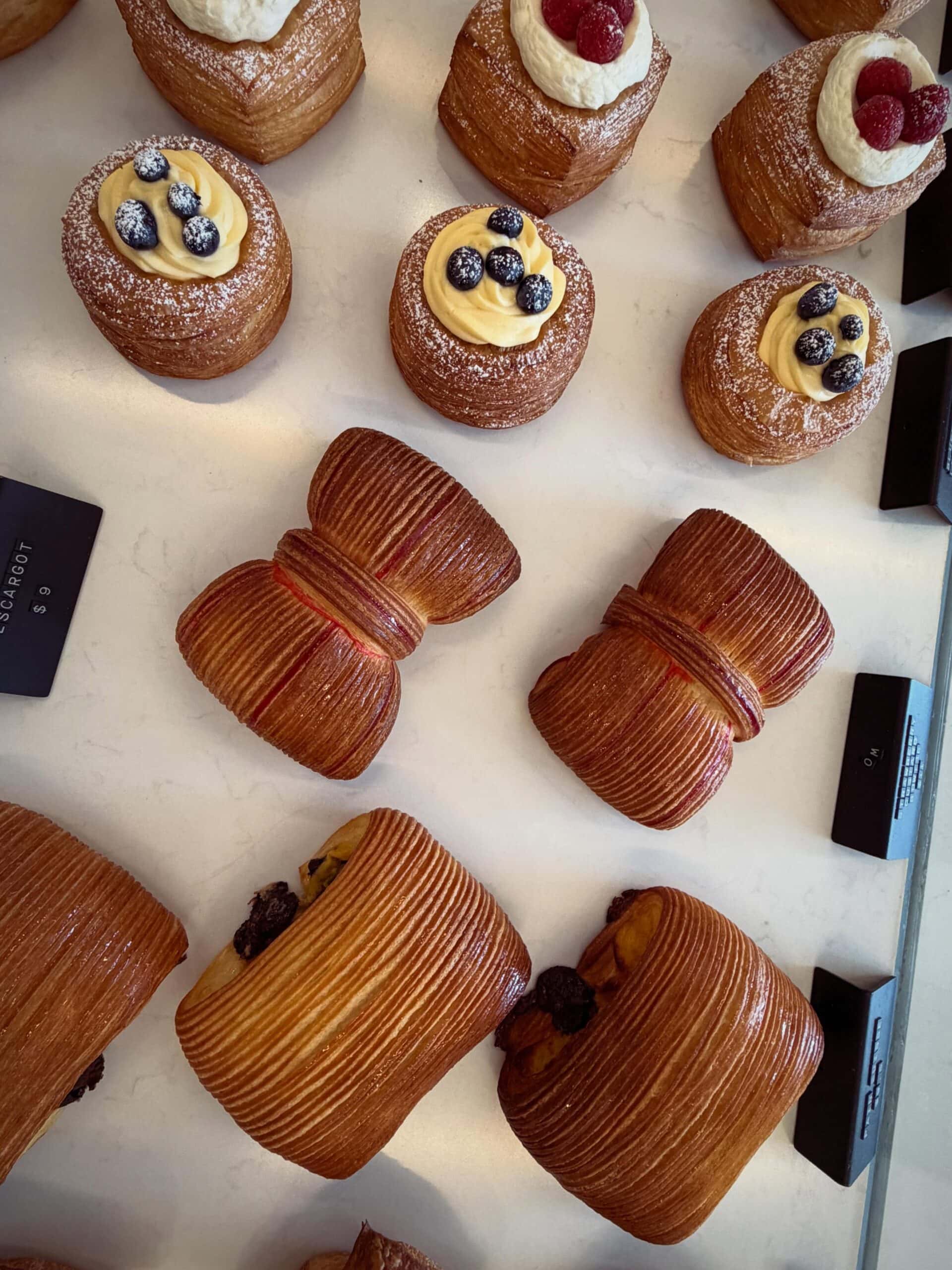 Laminated pastries topped with berries and cream at AM Bakehouse, Glen Iris, Melbourne.
