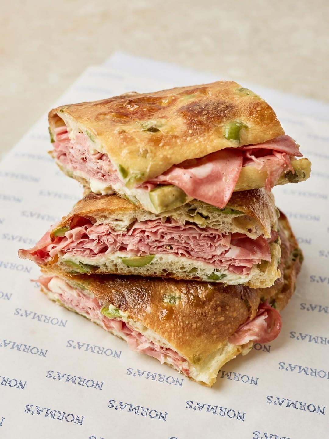 A stacked focaccia sandwich from Norma's Deli in Manly.