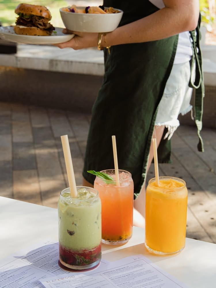 A bevy of bright juices, green, red and orange, from blackwood in bondi.