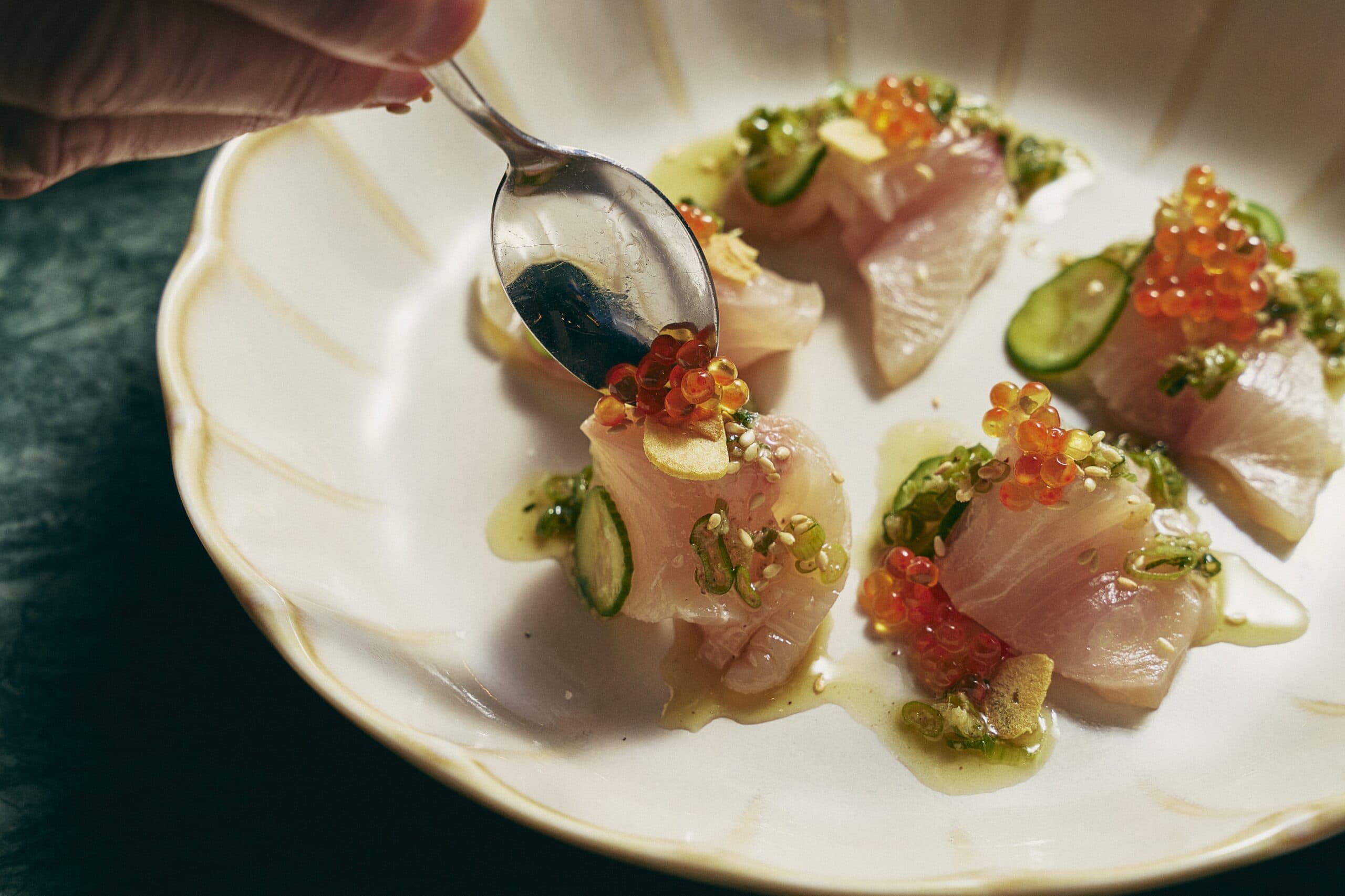Sashimi with salmon roe and cucumber at East Pavilion Shoal Bay NSW
