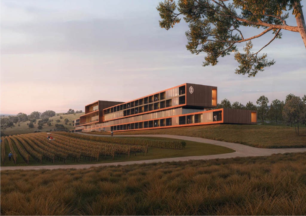 Facade and surrounding scenery render of Intercontinental Barossa Resort & Spa.