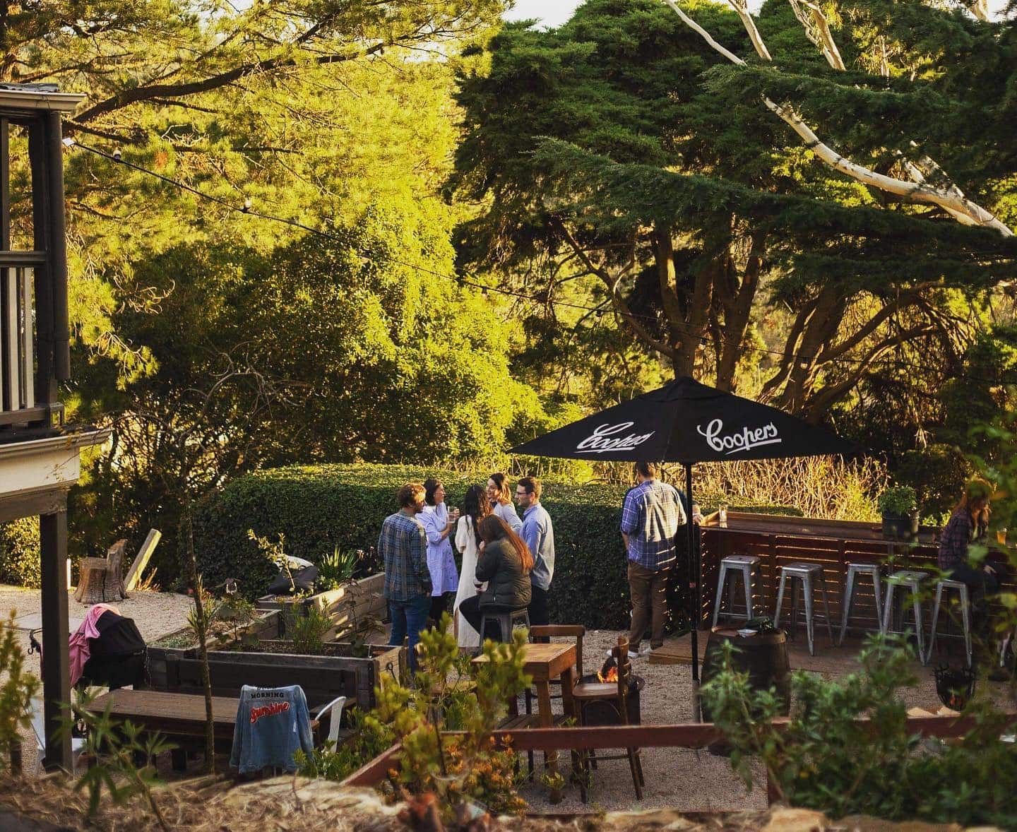 Groups of friends drinking around a fire pit in the leafy beer garden at The Scenic Hotel, Adelaide, surrounded by mature trees and garden beds in golden afternoon light.
