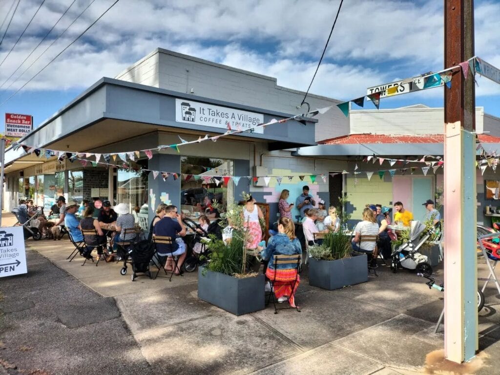 Exterior of cafe and outdoor seating at It Takes a Village in Adelaide.