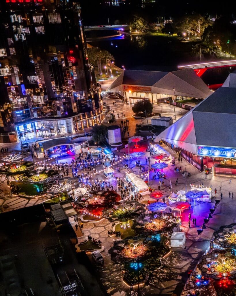 Aerial shot of Bastille Festival in Festival Plaza in Adelaide.