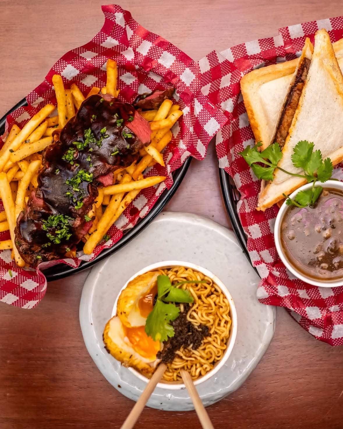 Pho Jaffle, Mi Gorgeng and steak frites at When & Where Bar in Adelaide.