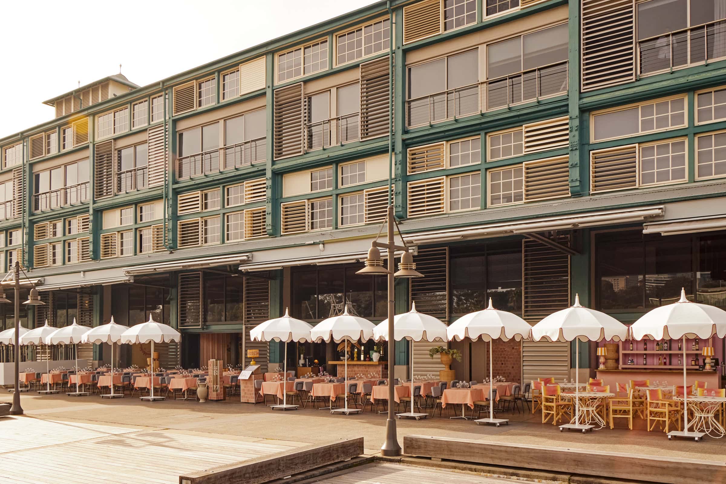 Akti restaurant outdoor terrace with umbrellas Woolloomooloo Sydney