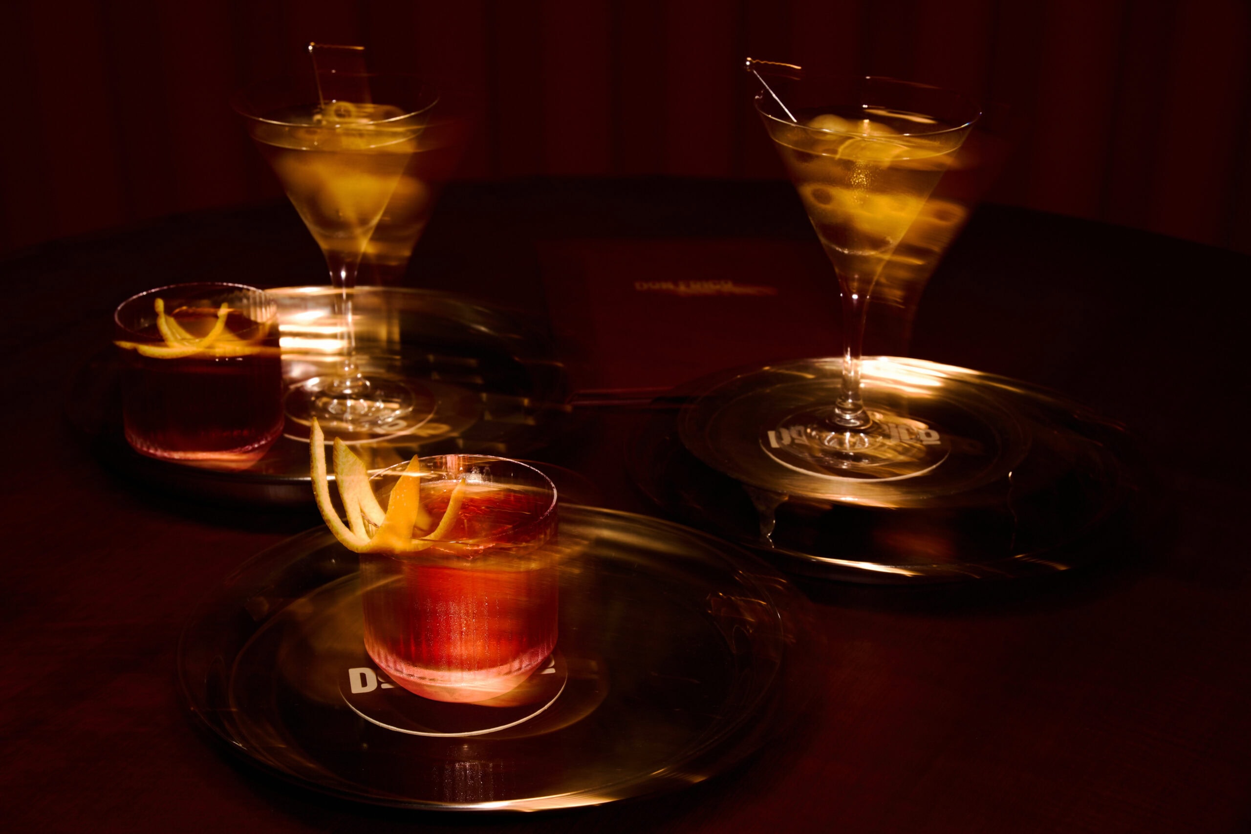 Ice-cold martinis on the bar at Don Frico, a late-night pizza and cocktail bar in Hobart.