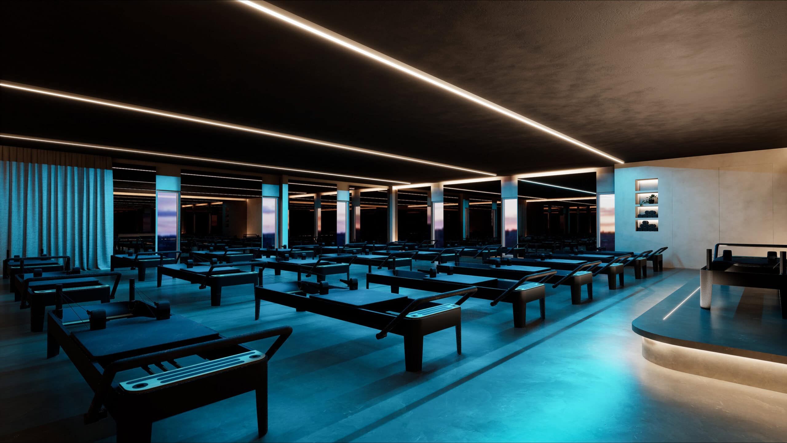 A render of Level Eleven's reformer Pilates studio bathed in teal lighting, with rows of black reformers, floor-to-ceiling windows and a curved reception desk.