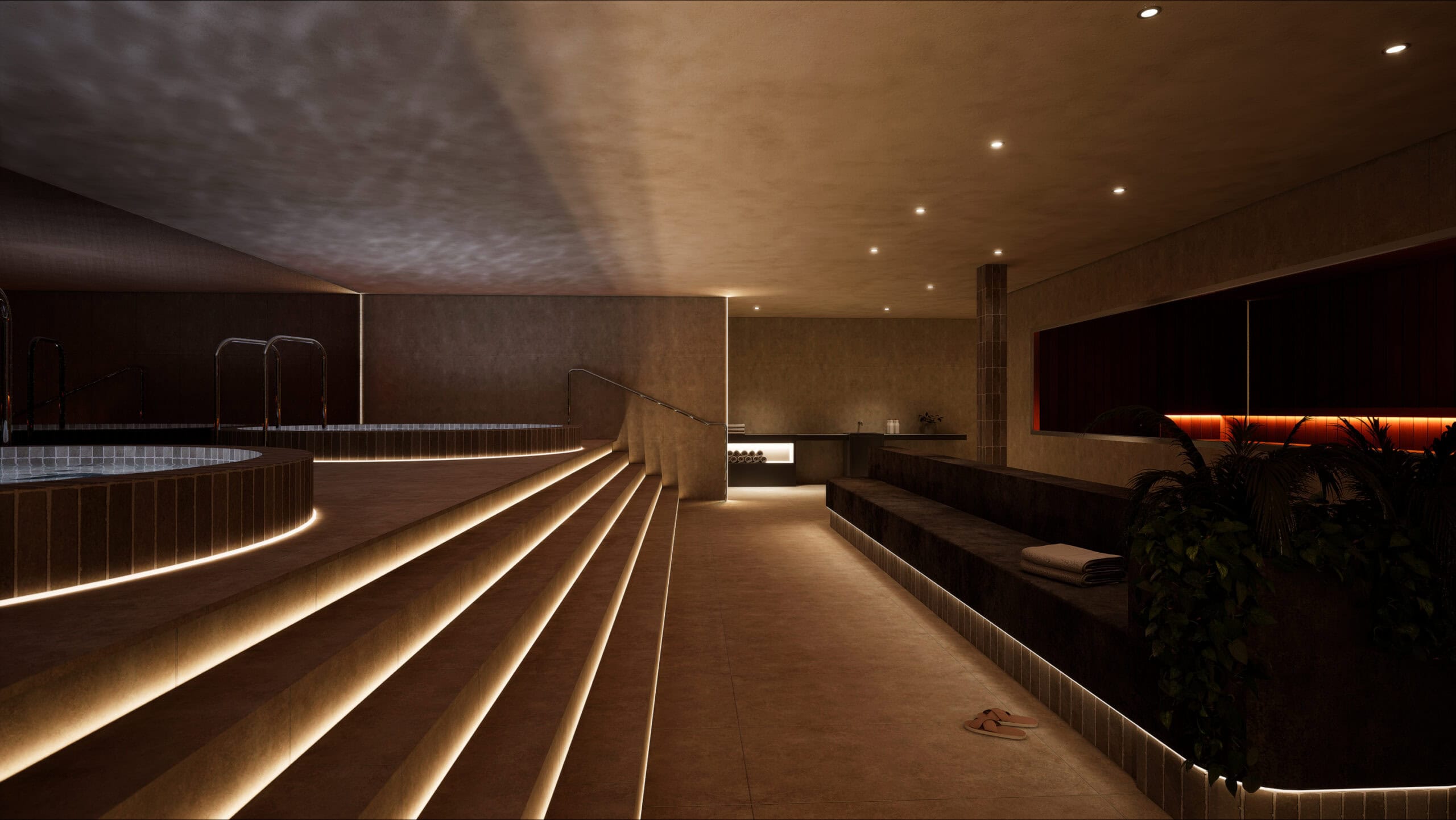 A render of Level Eleven's magnesium pool and recovery zone, featuring warm amber under-lit steps, a circular pool with chrome handrails, dark stone benches and low lighting.