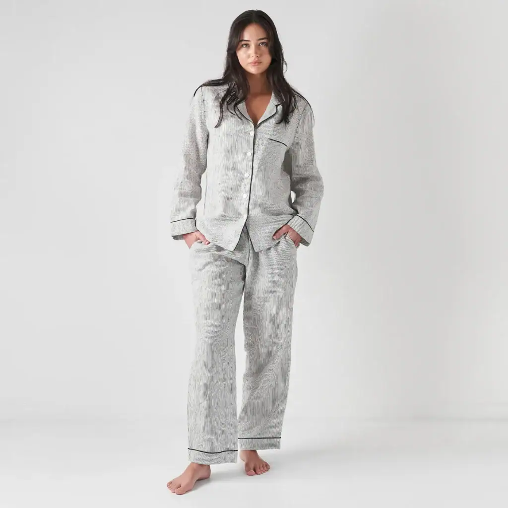 I Love Linen French Flax Linen Pyjama Set in Pinstripe