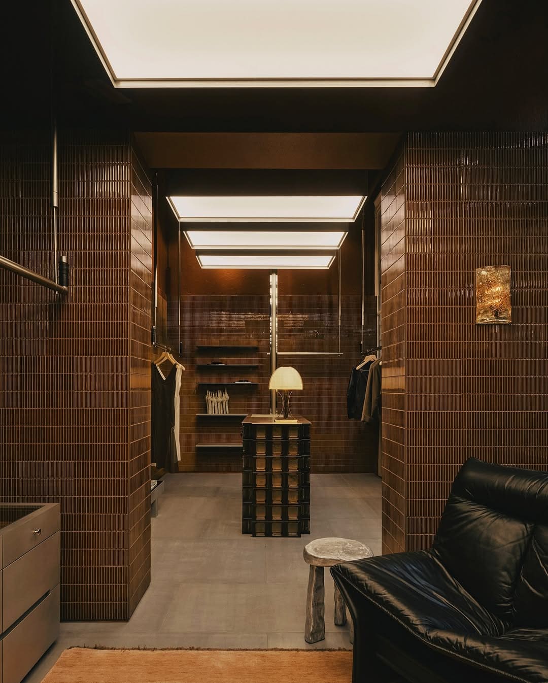 SIR fashion store private dressing room interior with tiled walls and leather chair Strand Arcade Sydney CBD
