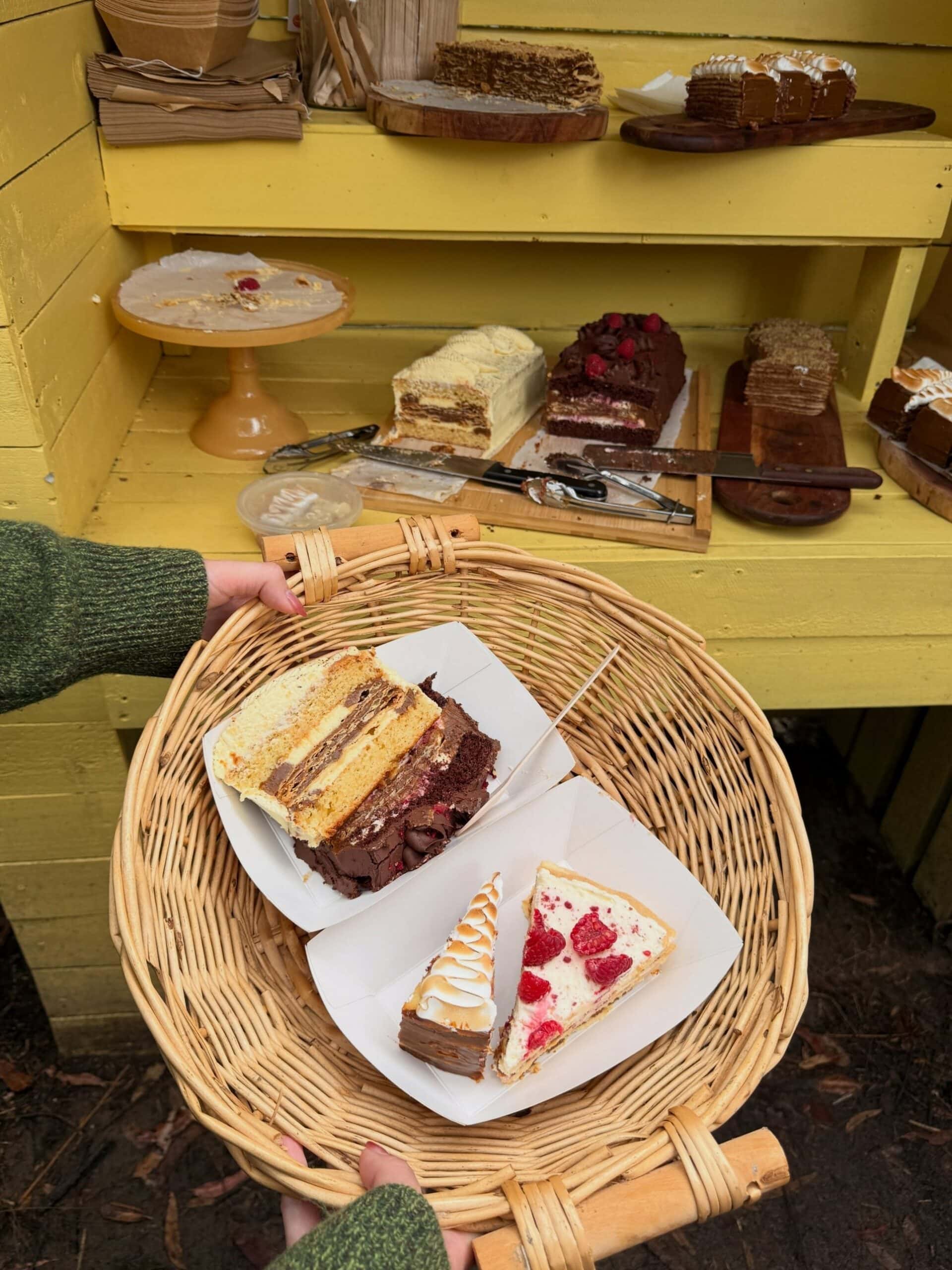 Slices of Chilean cakes in a wicker basket at House of Suns in the Blue Mountains