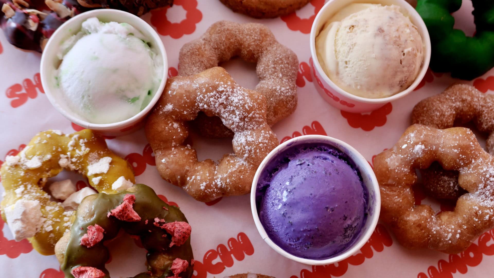 Flaylay of mochi donuts and ice cream in cups from Shmochi by Shibui in Adelaide.