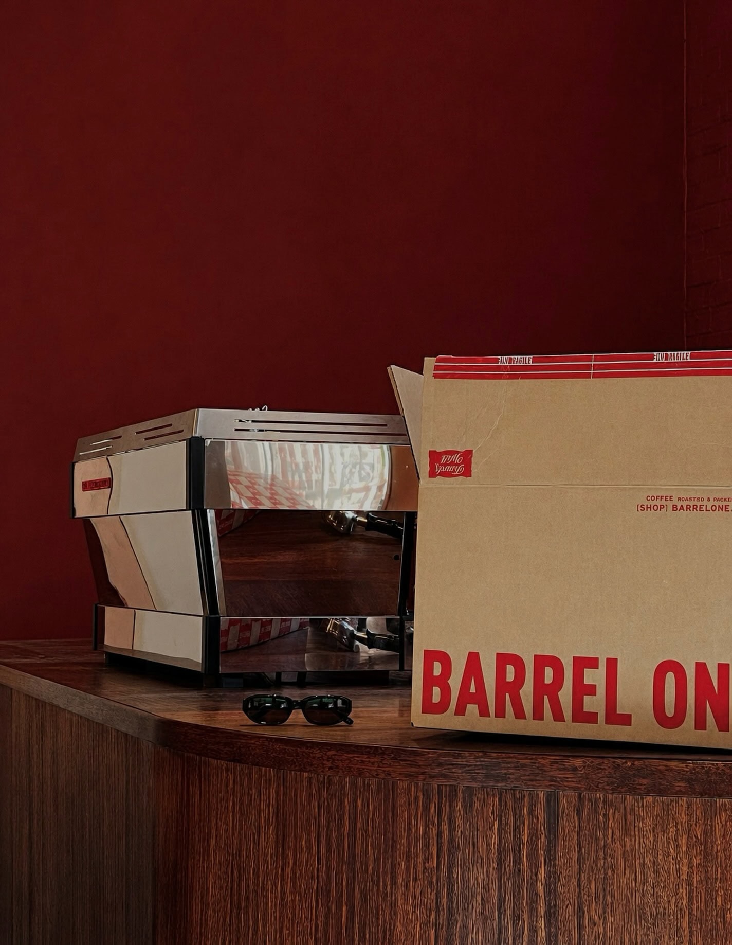 Espresso machine and Barrel One coffee box at Part One Coffee Kiama