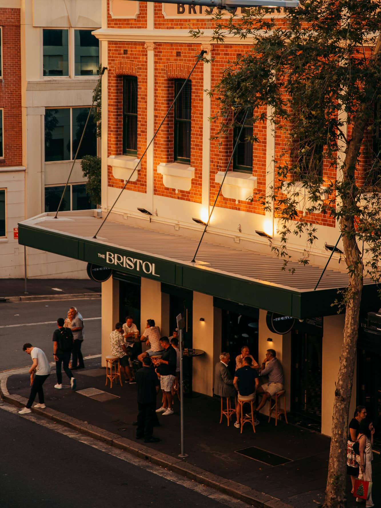 The exterior of the multi-level the bristol at golden hour