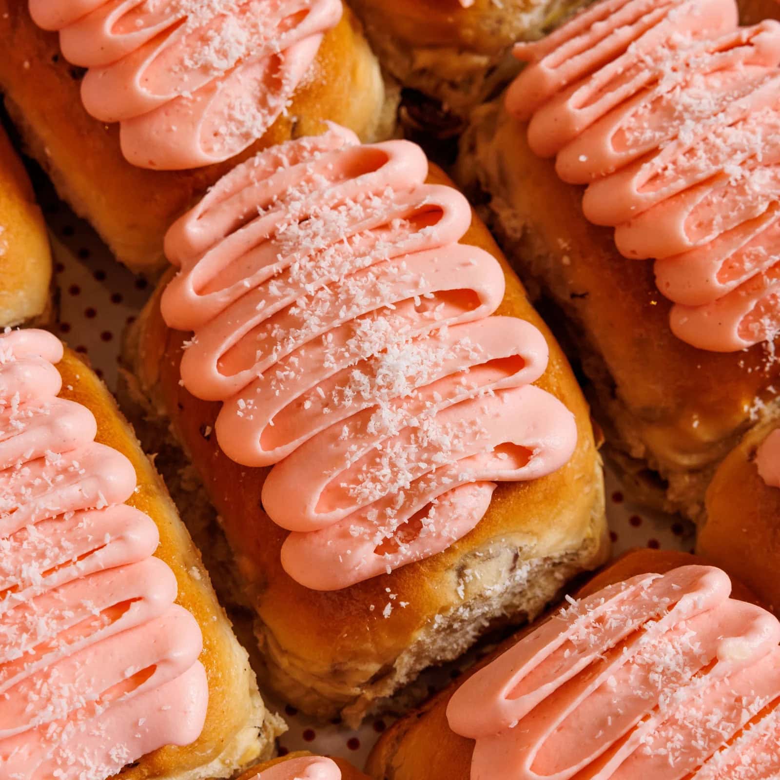 Pink iced finger buns with coconut at Humble Bakery Sydney