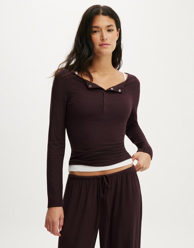Cotton On Body Super Soft Boat Neck Henley Long Sleeve Top