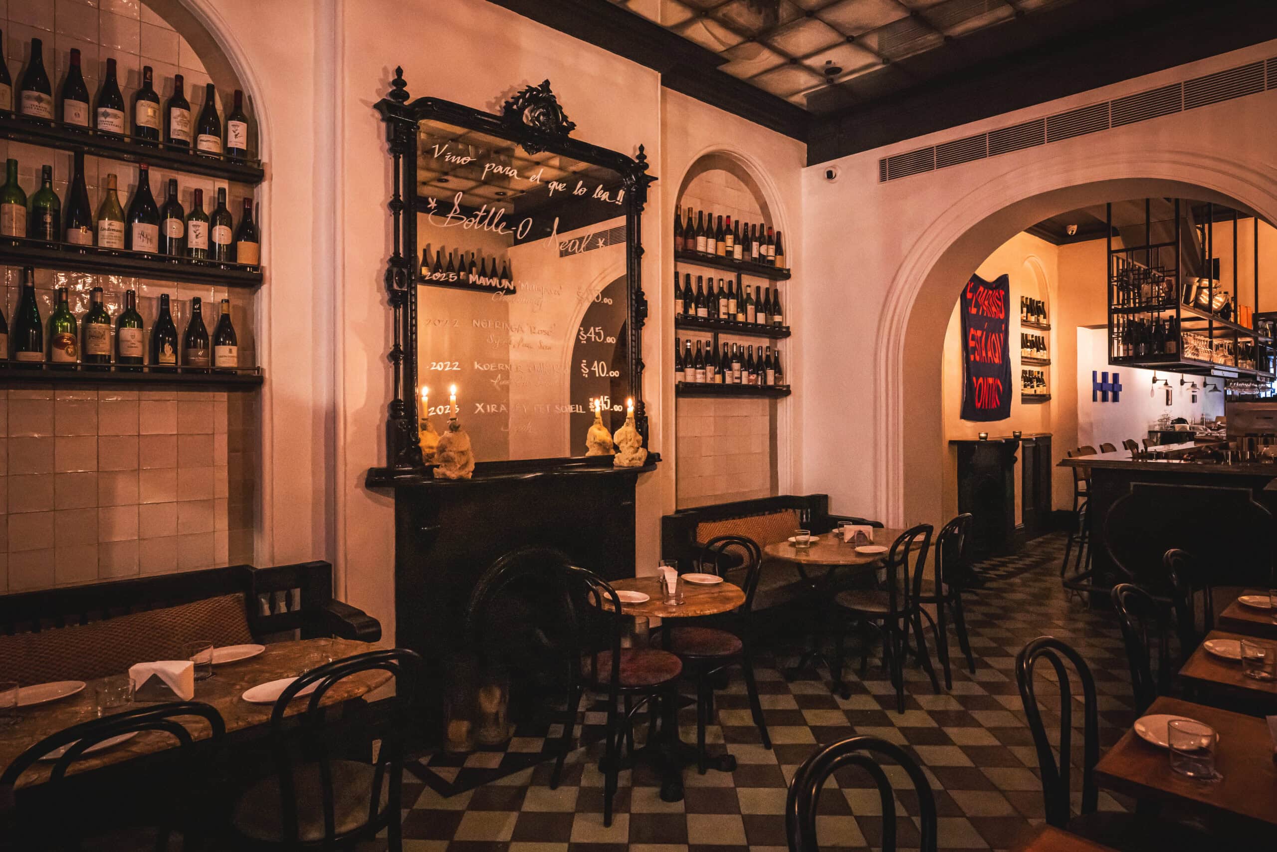 Interior dining room with warm lighting and laid tables at Taco+Vino Kellett Street Potts Point Sydney