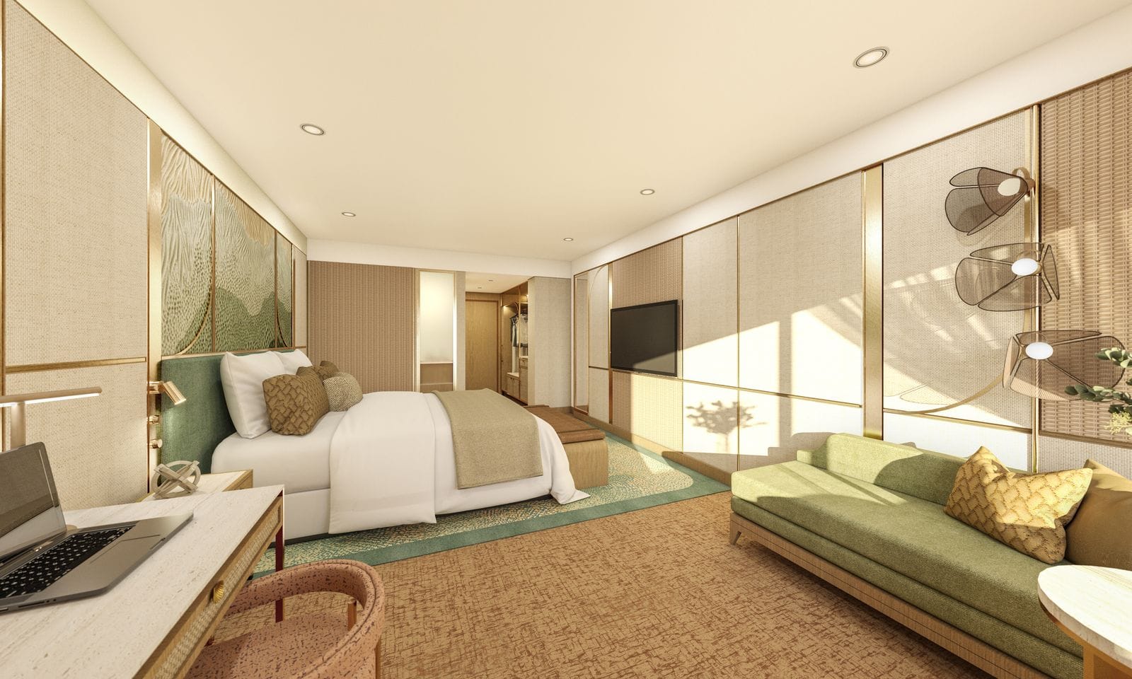 Sage green, warm timber and gold accents define the refreshed guest rooms at Amora Adelaide, drawing on the natural palette of South Australia.