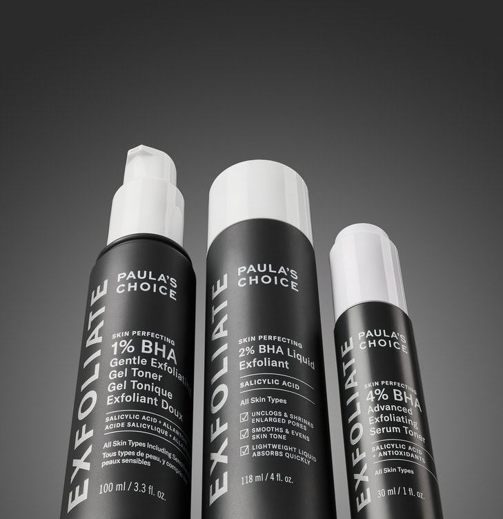 Paula's Choice Skin Perfecting BHA exfoliant trio 1% 2% and 4% salicylic acid products