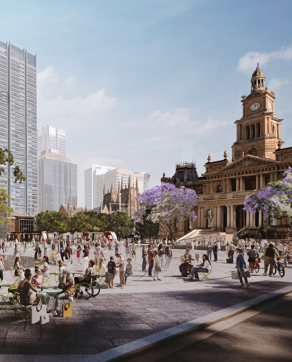 Concept render of proposed town square outside Sydney Town Hall CBD daytime
