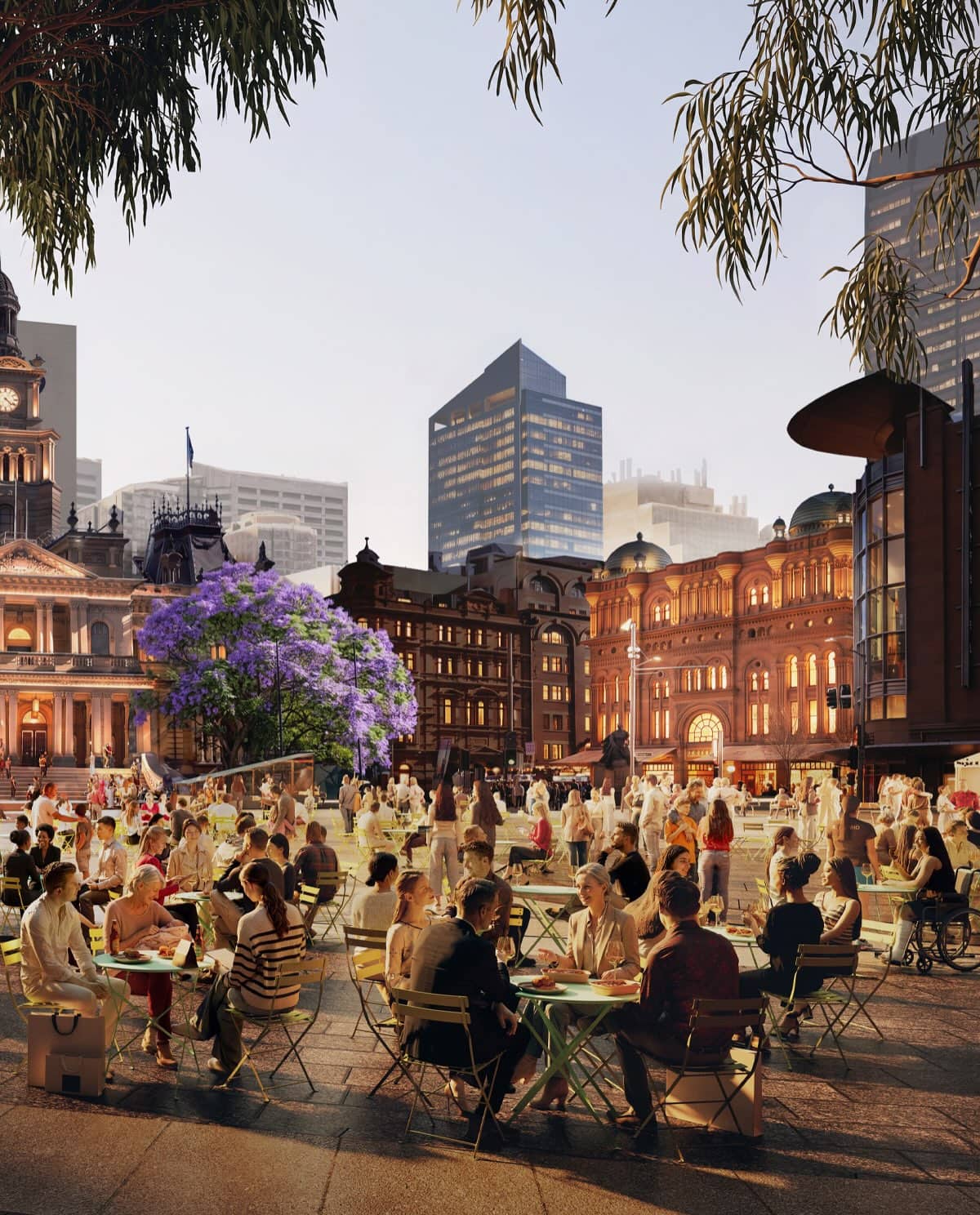 Concept render of proposed town square outside Sydney Town Hall CBD at dusk