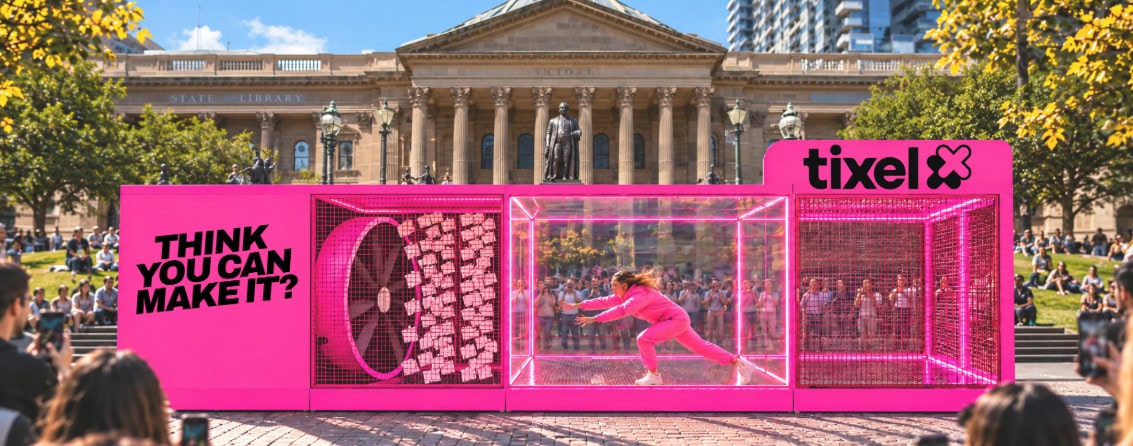 person in a pink activation outside state library victoria