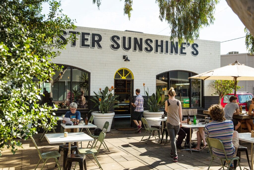 Outdoor dining/exterior at Mr Sunshines in Adelaide.