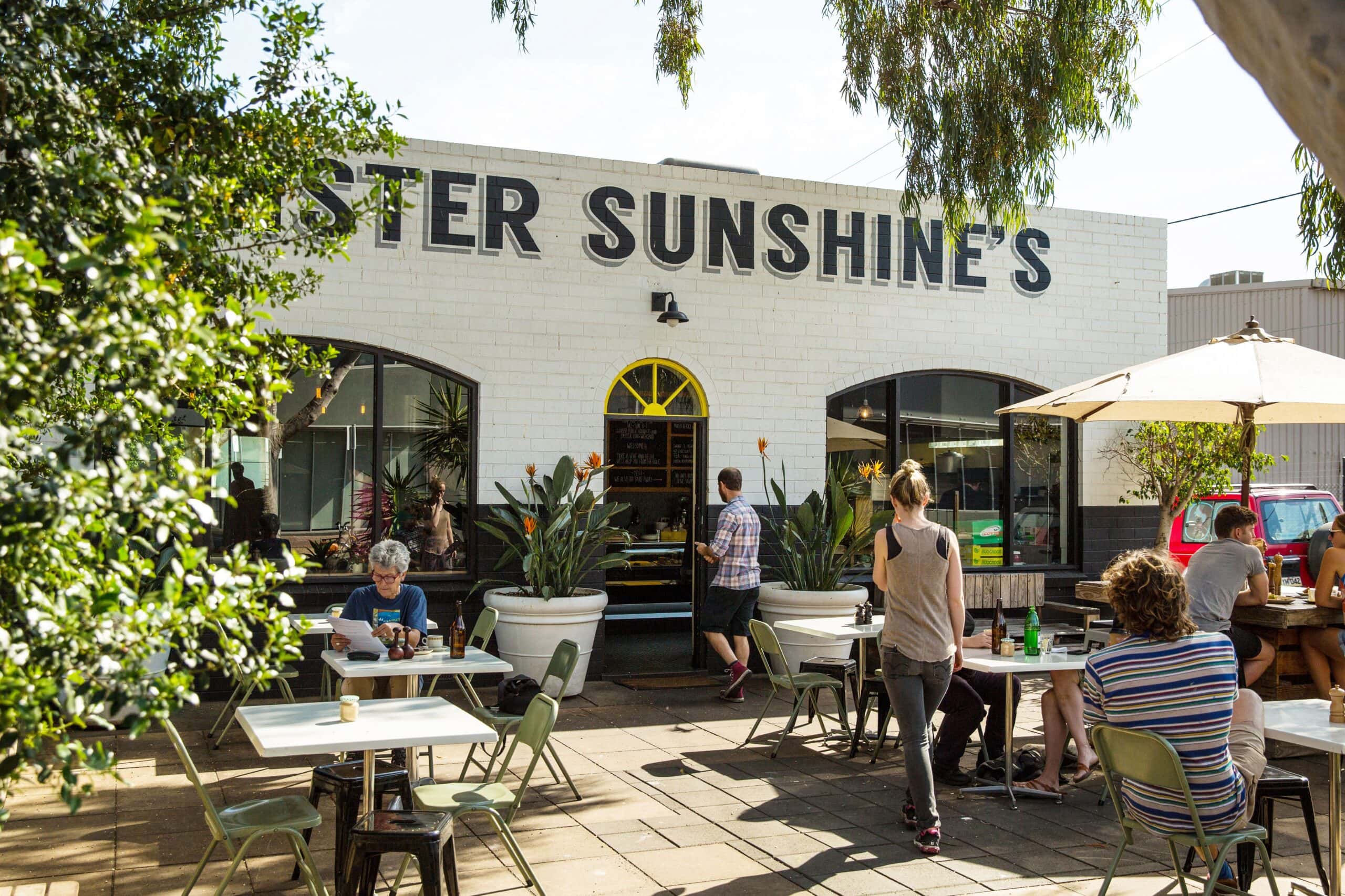 Outdoor dining/exterior at Mr Sunshines in Adelaide.