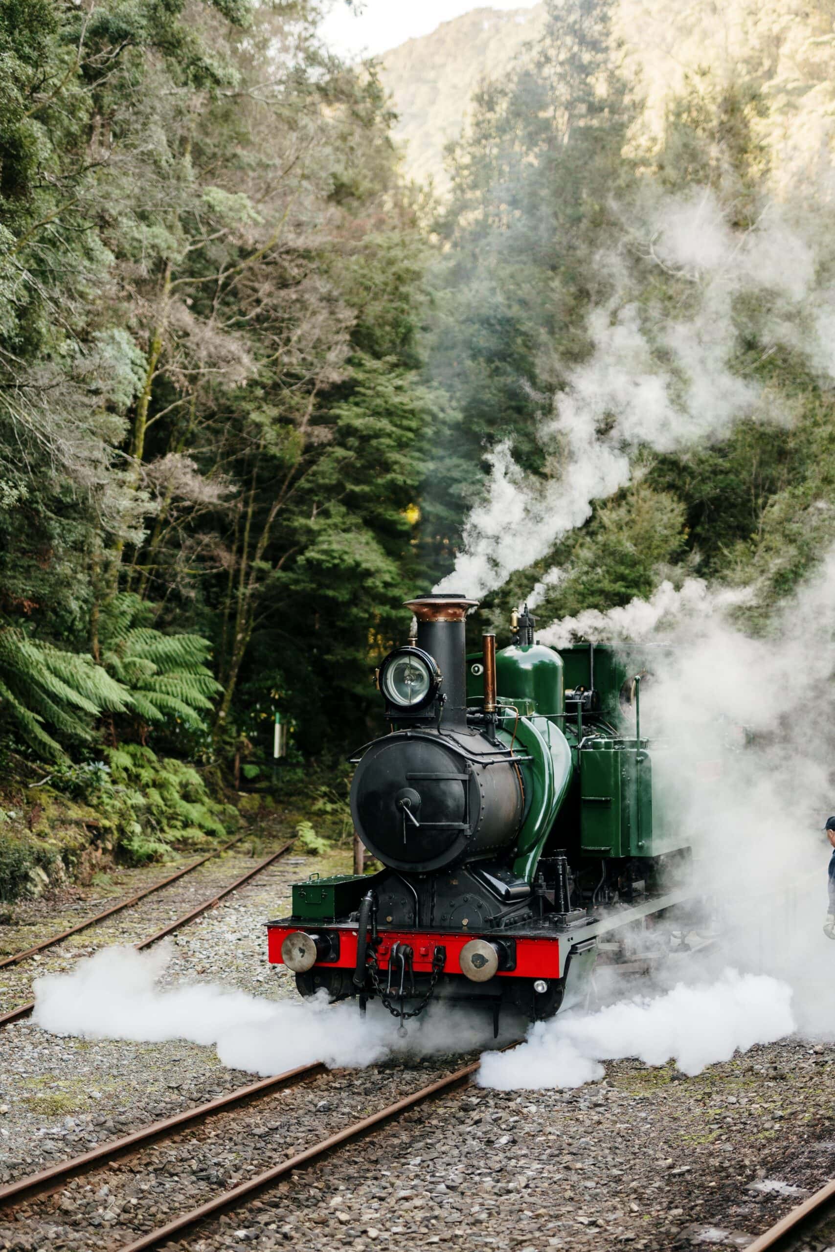 The West Coast Wilderness Railway, Tasmania is a reconstruction of the Mount Lyell Mining and Railway Company railway between Queenstown and Regatta Point, Strahan.
