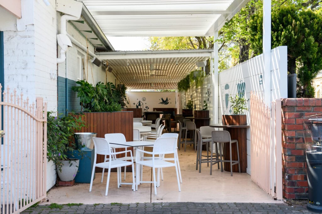 Outdoor garden dining at Bar Lune in Adelaide.