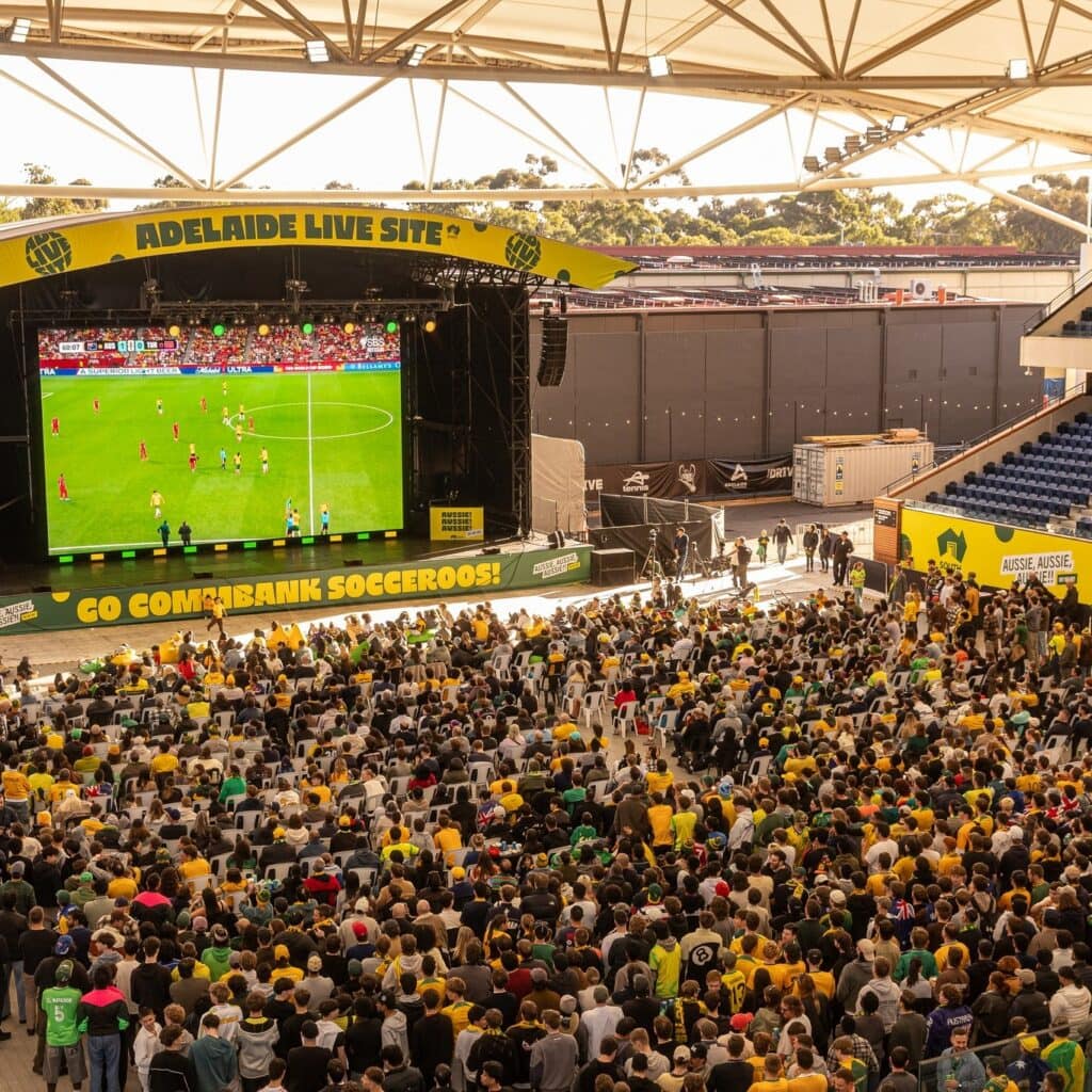 Wide aerial shot of the World Cup live site at The Drive in Adelaide.