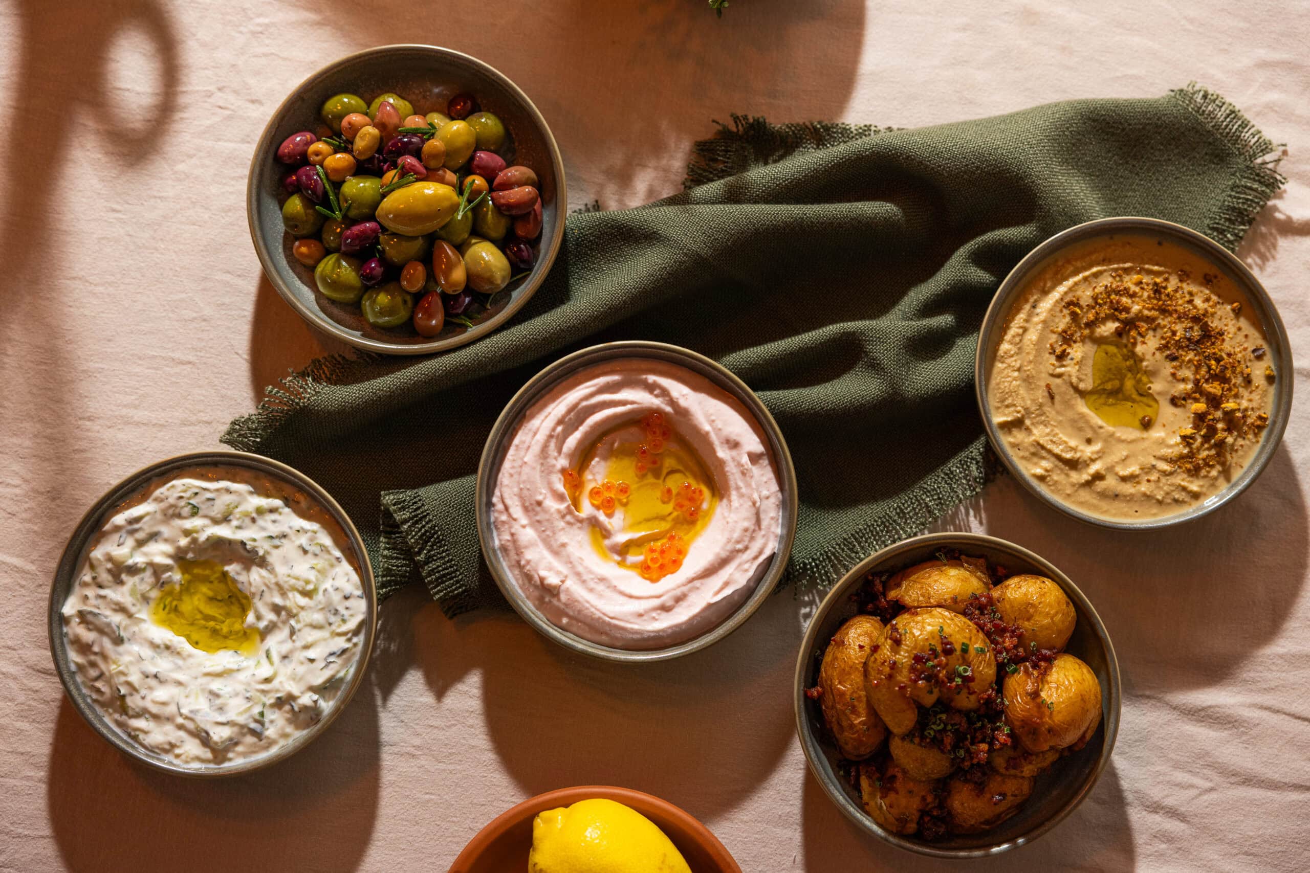 A spread of dips at Azure Mediterranean in Brisbane.
