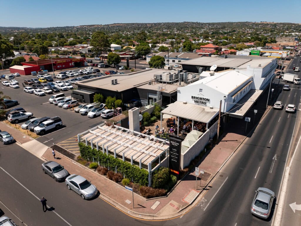 Aerial shot of Brighton Metro Hotel and beer garden in Adelaide.