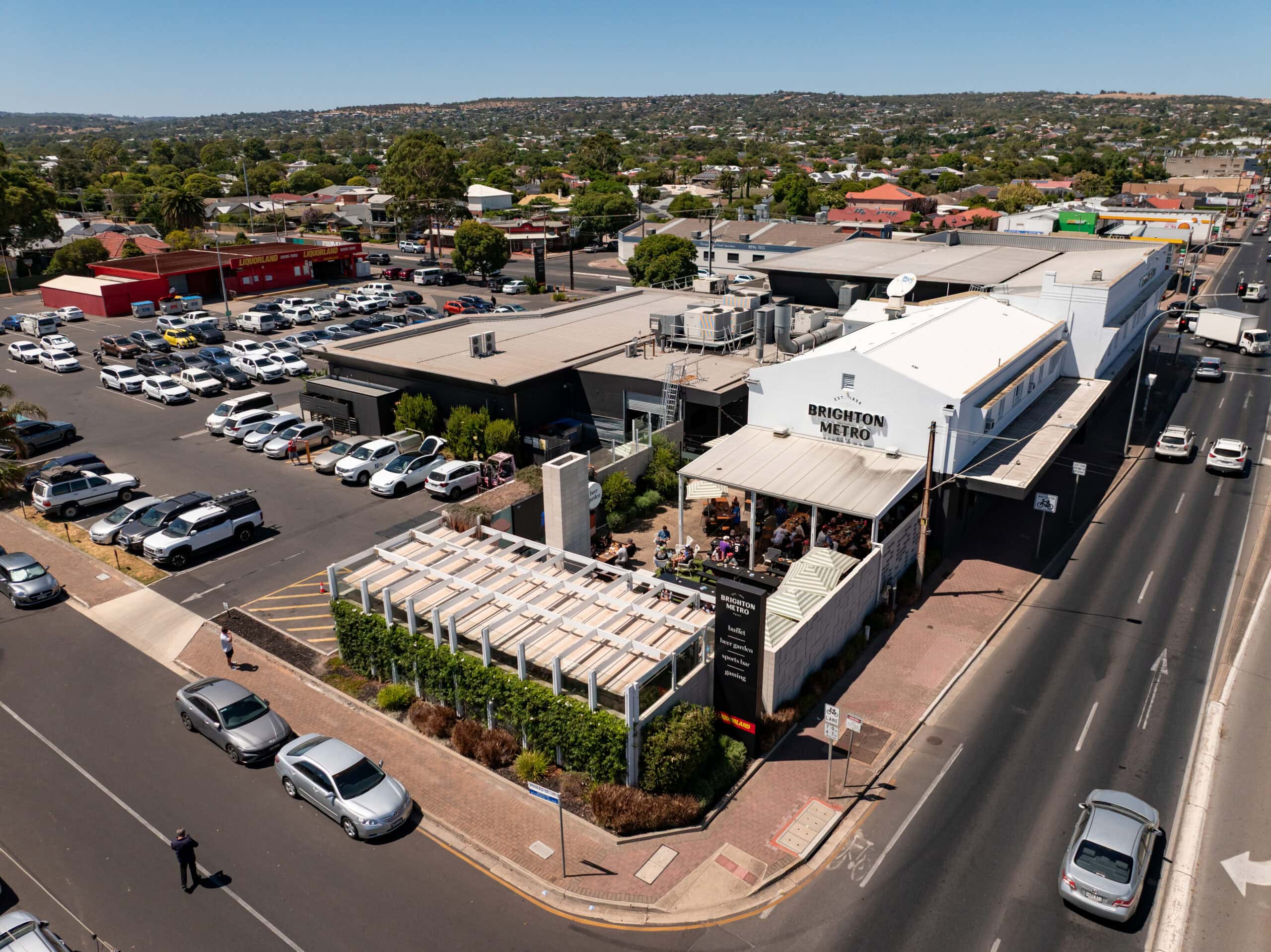Aerial shot of Brighton Metro Hotel and beer garden in Adelaide.