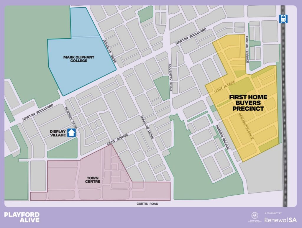 Map of the Playford Alive estate showing the First Home Buyers Precinct highlighted in yellow in the Eastern Parcel, with key landmarks including the Town Centre, Display Village, Mark Oliphant College and a nearby train station.