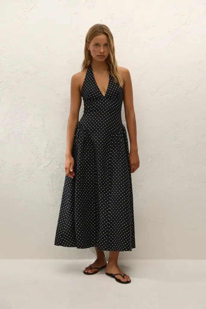 Faithfull La Cala Midi Dress Lola Polka Dot Black Cream