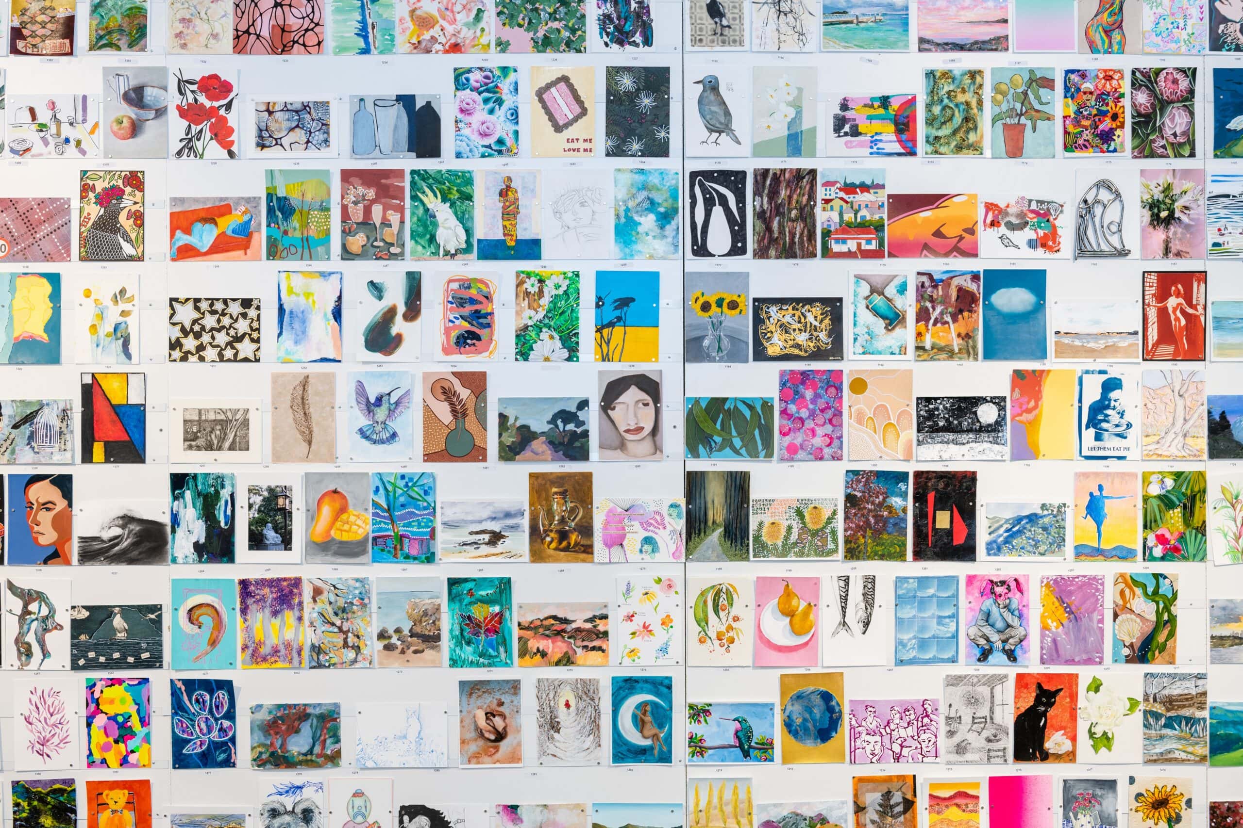 Wall of A5 artworks on display at Incognito Art Show Carriageworks Sydney