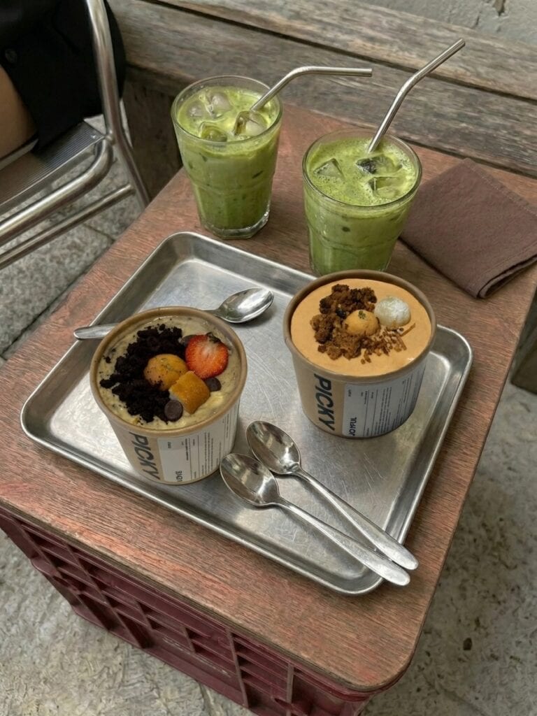 Picky Pudding banana pudding cups with iced matcha drinks Haymarket Sydney