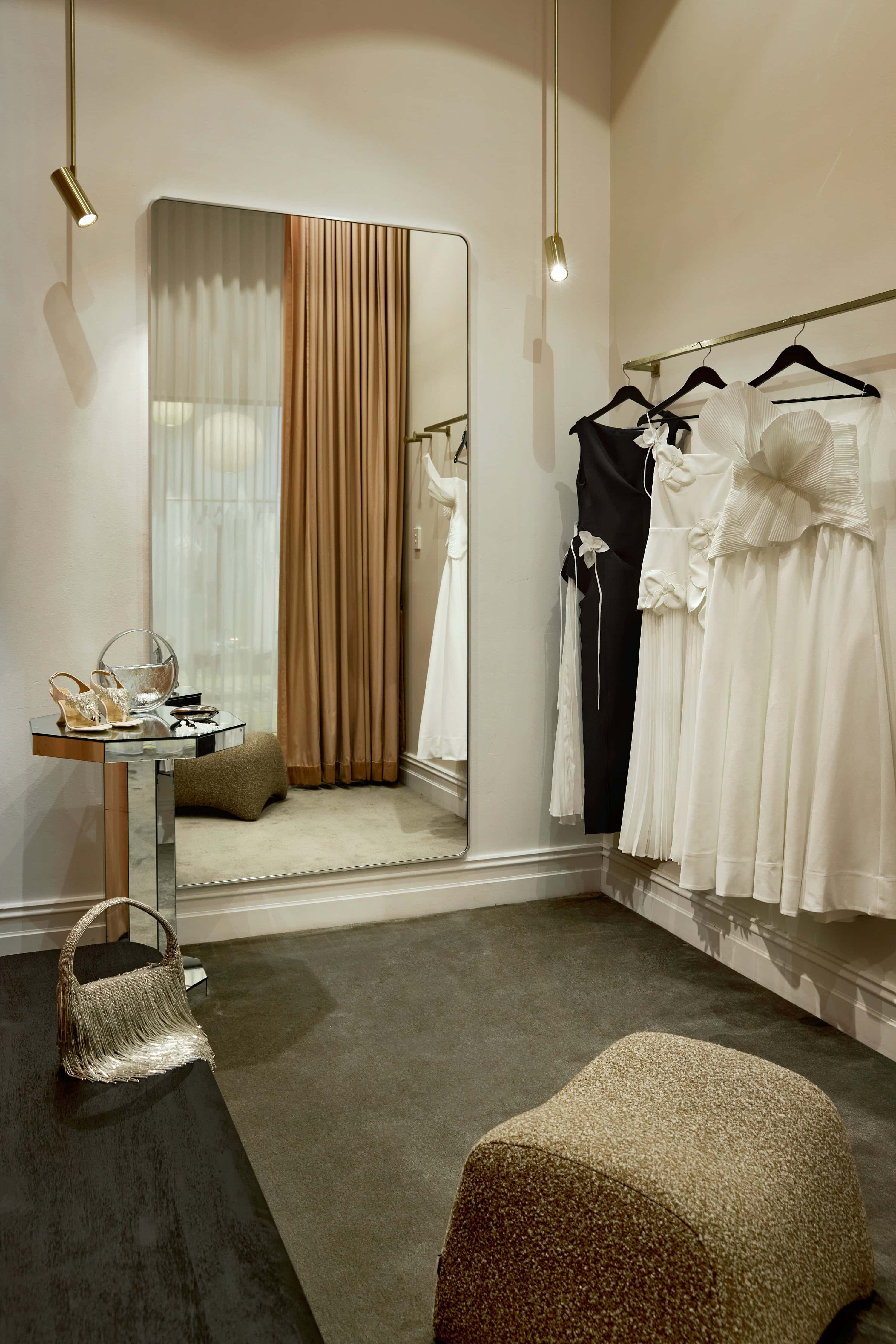 Acler bridal suite fitting room with mirror and gowns Strand Arcade Sydney CBD