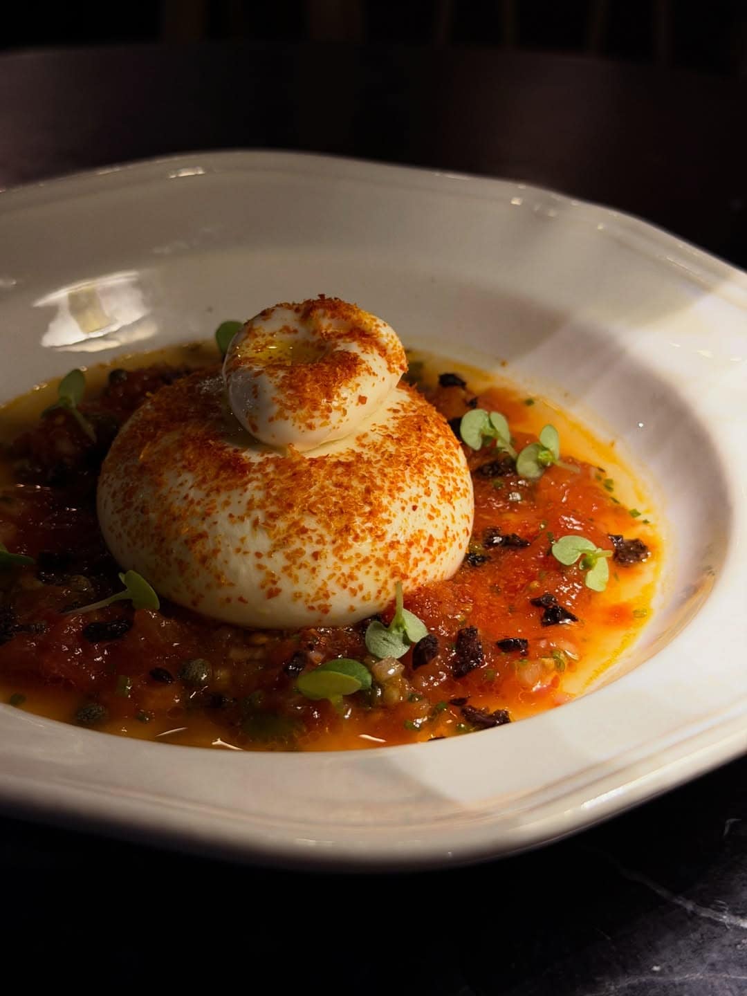 Burrata with smoky paprika dusting and tomato sauce in white bowl at Cir.1890 by Circa Parramatta Sydney