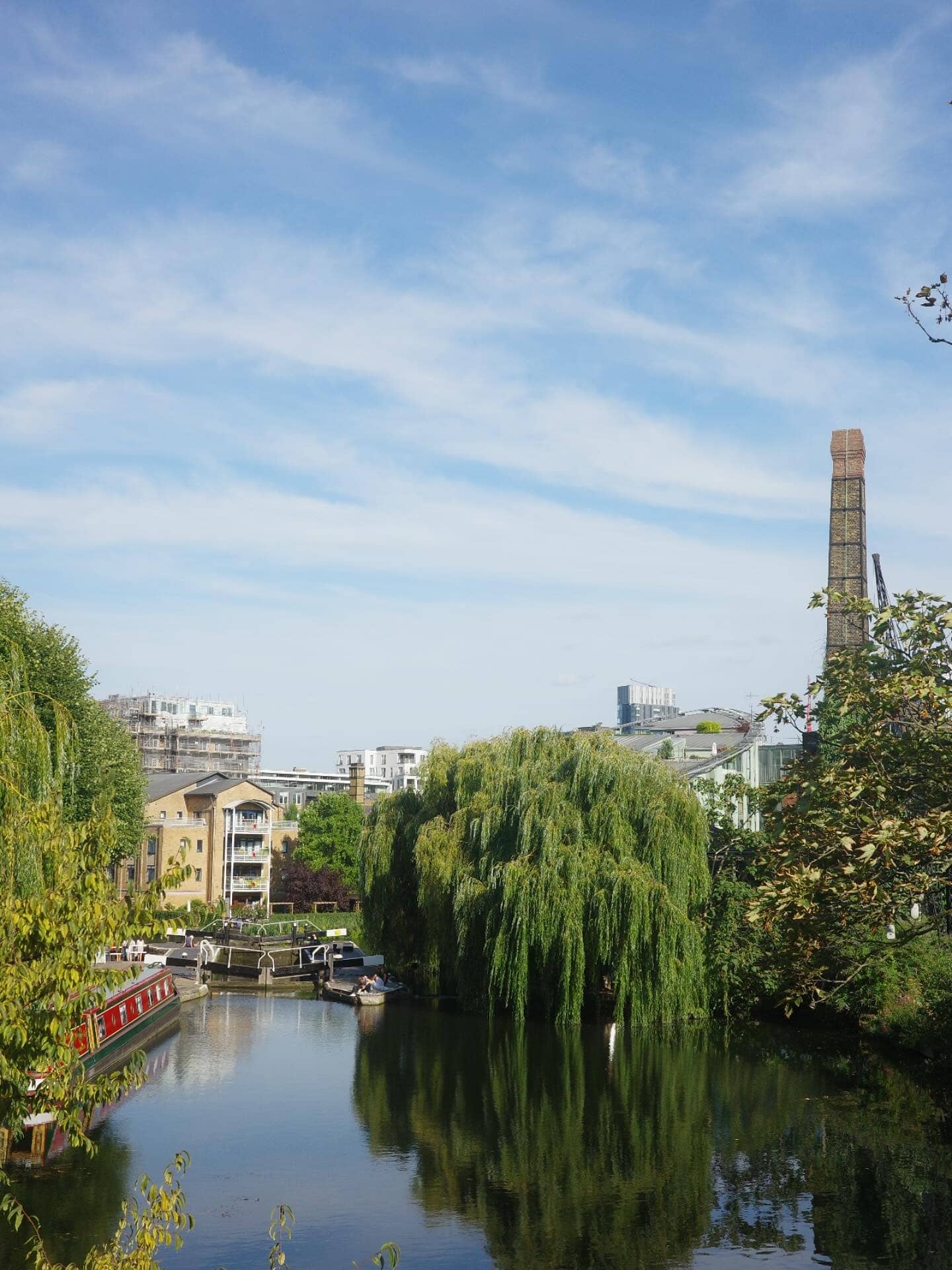 Blue skies over the City Road Basin Lock on Regents Canal in Angel.