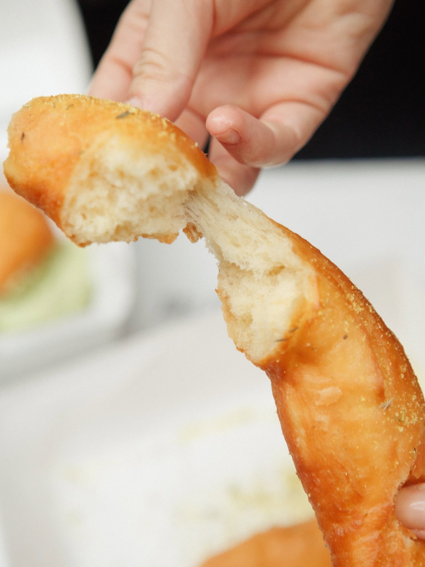 Close-up of chicken salt and thyme doughnut interior at Full Proof, Potts Point, Sydney