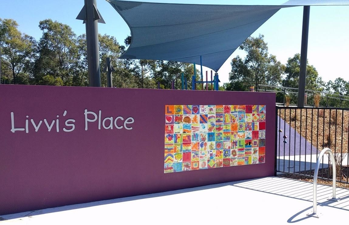 The community decorated entrance sign on the way into the Livvi's Place playground in Kellyville.