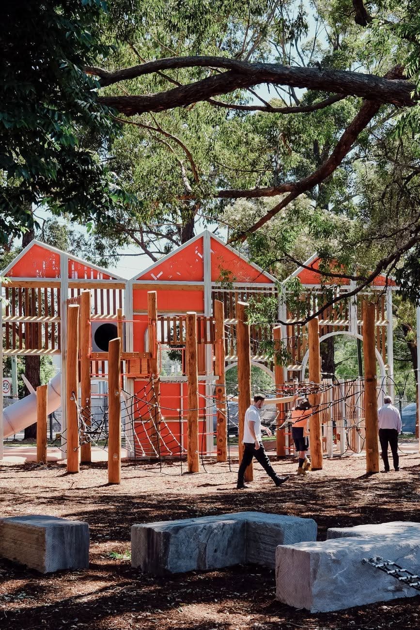 The climbing structures and slides that make up shannon's paddock district playground in Parramatta.
