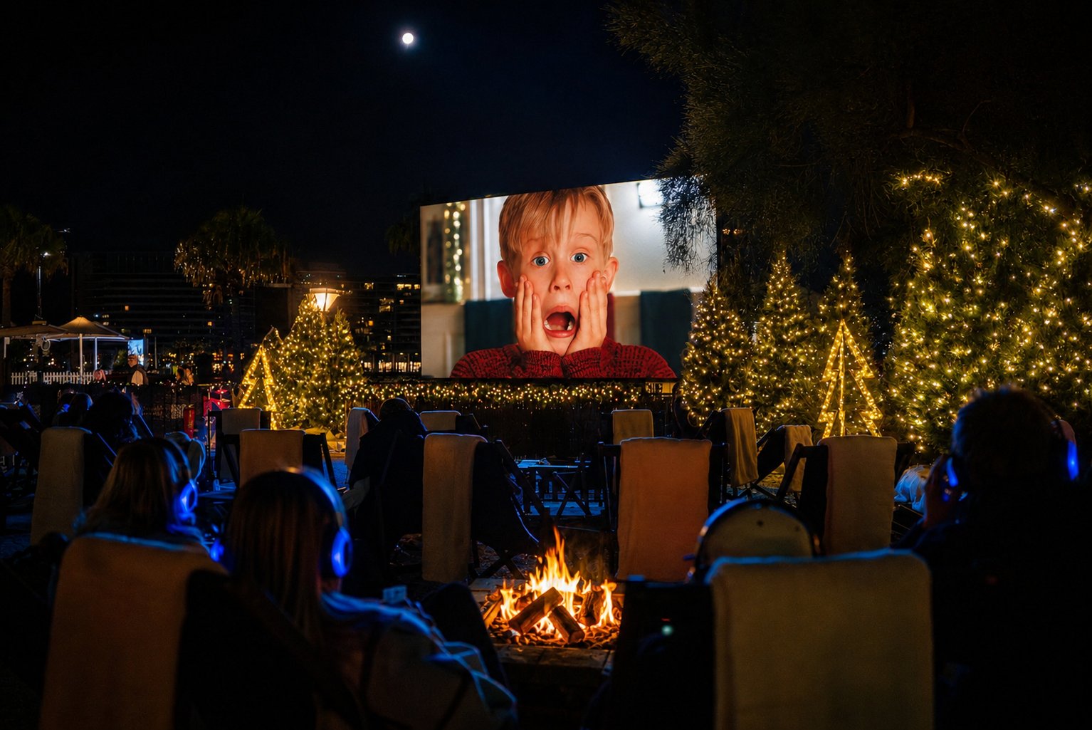 Outdoor firepit cinema screening Home Alone with Christmas tree lights and deckchairs Christmas in July Festival The Rocks Sydney