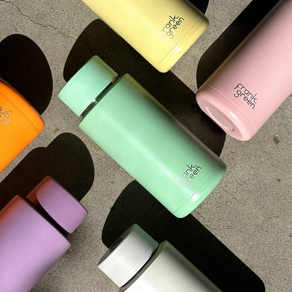 frank green reusable bottles in pastel colour range including mint green pink yellow lavender and orange frank green warehouse sale Alexandria Sydney