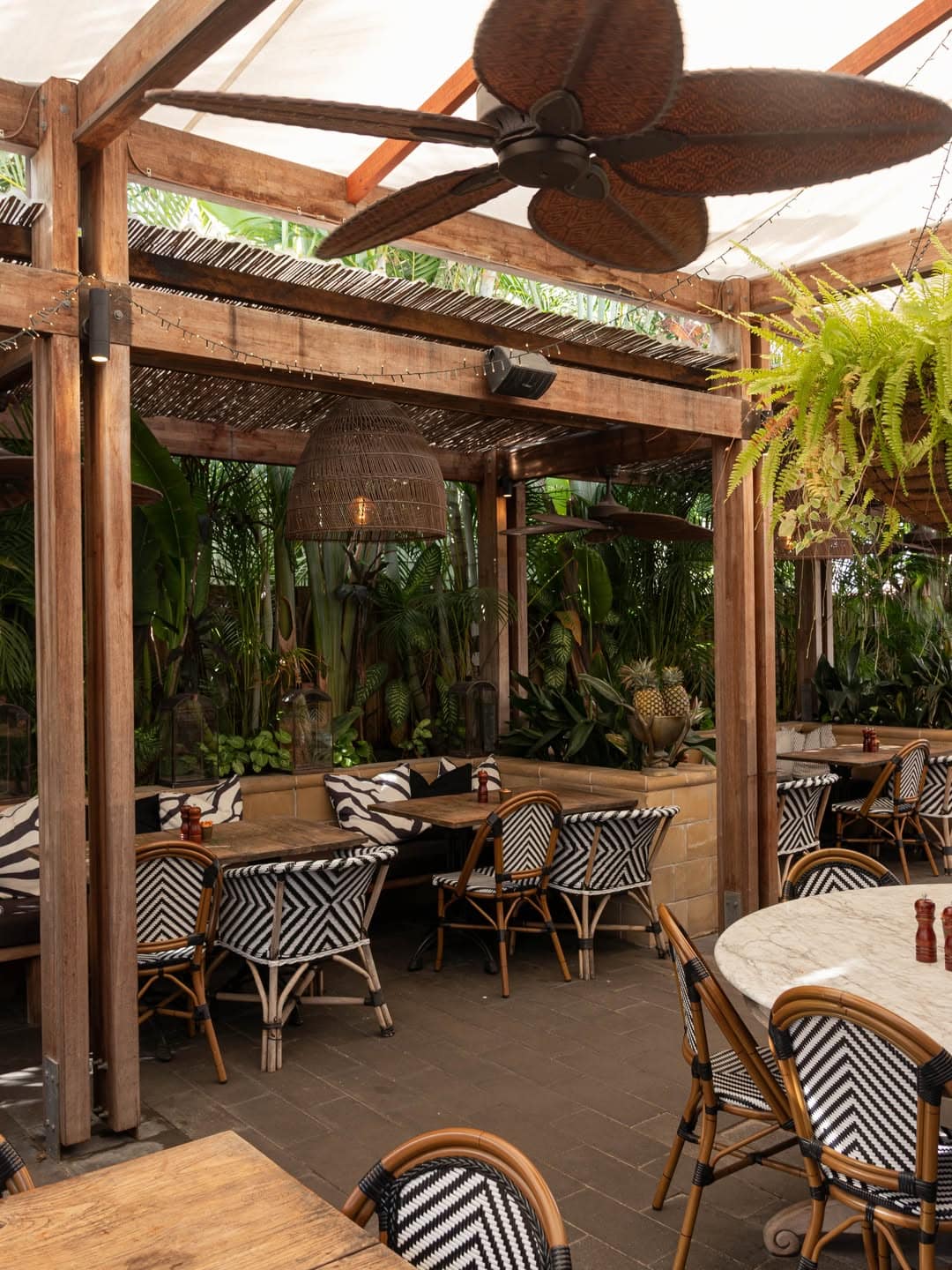 The garden courtyard at Hunter and Scout in Graceville, compete with tropical plants and bistro seats.