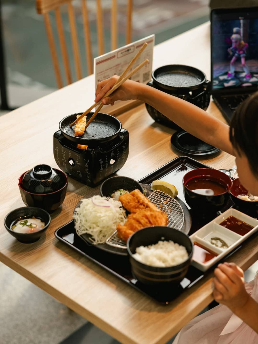 Gyukatsu Kyoto Katsugyu katsu set meal tray with shredded cabbage rice miso soup and dipping sauces Pitt Street Sydney CBD