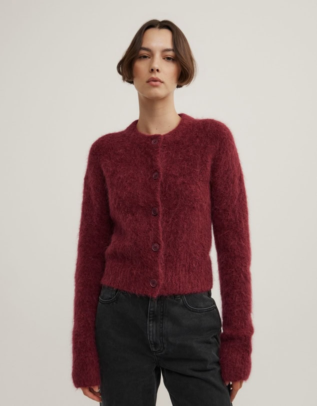 Witchery Fluffy Crew Cardigan - Ruby